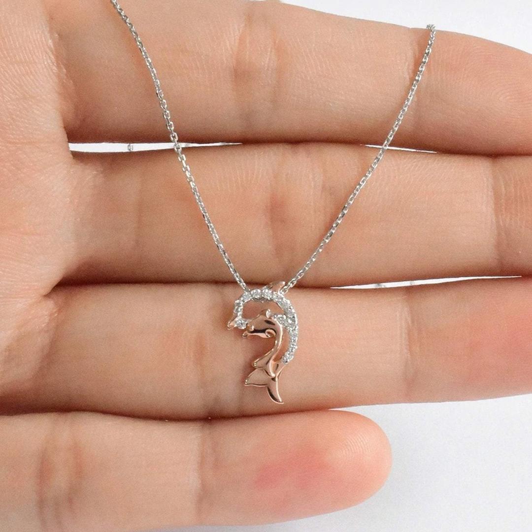 Modern 14k Gold Two-Tone Diamond Fish Necklace Ocean Dolphin Charm Pendant For Sale