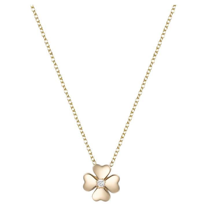 Four Leaf Clover Round Diamond 14K Yellow Gold Necklace