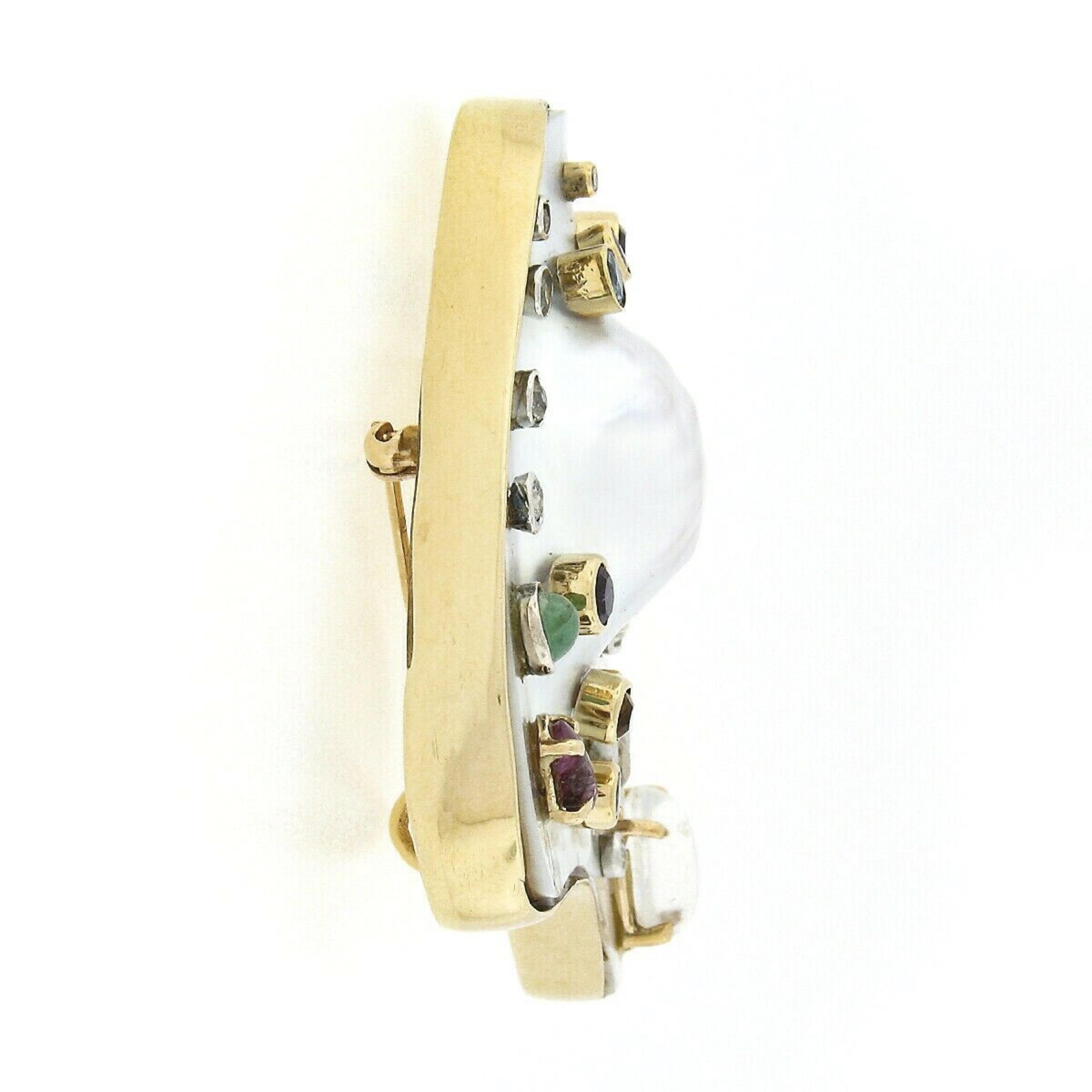 14k Gold Diamond & Gemstone Baroque Pearl Artist Painters Pallet Brooch Pendant In Good Condition For Sale In Montclair, NJ