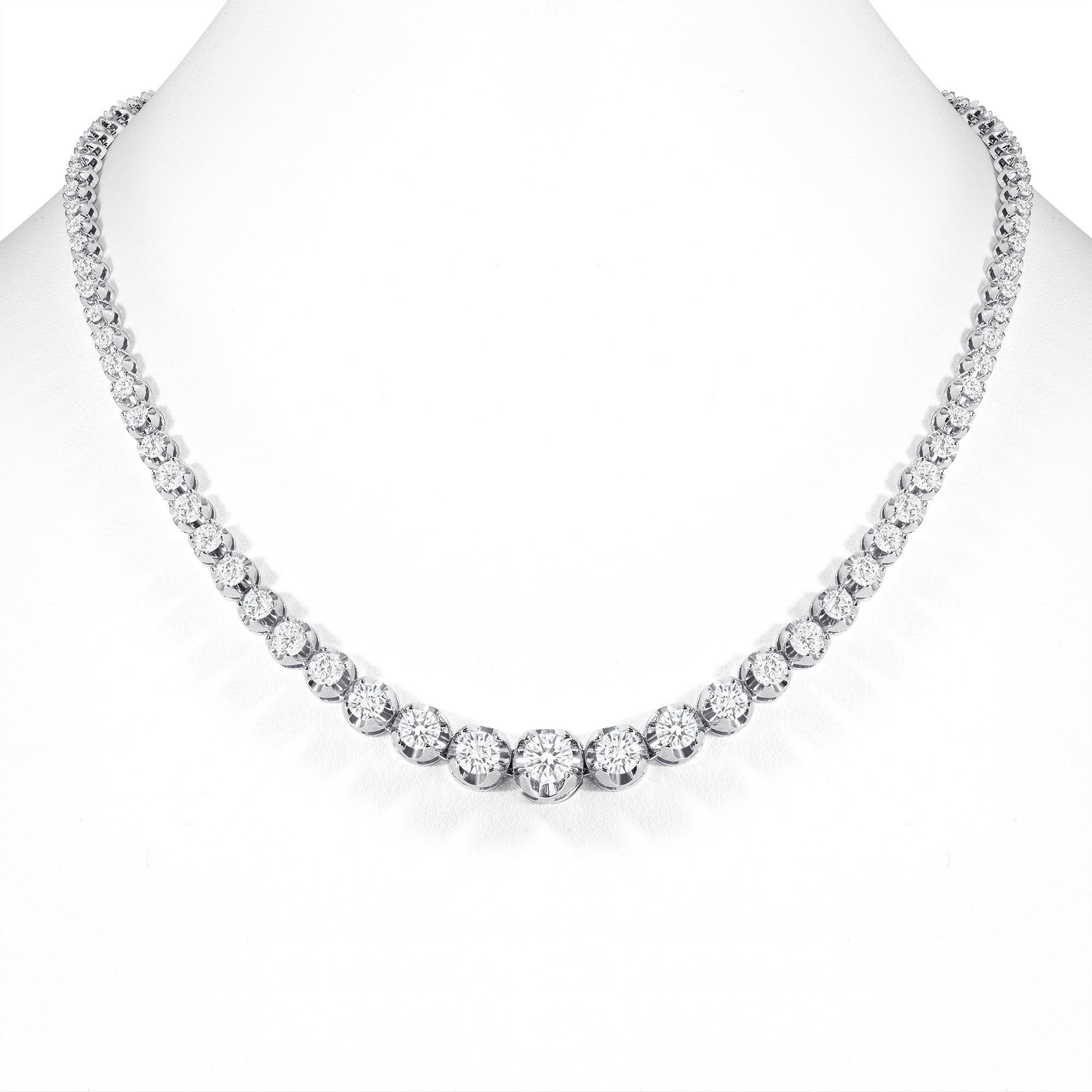 This finely made graduated necklace with beautiful round diamonds sits elegantly on any neck. 

Metal: 14k Gold
Diamond Cut: Round Natural Diamond (not lab grown or moissanite)
Total Diamond Approx. Carats: 5ct
Diamond Clarity: VS
Diamond Color: