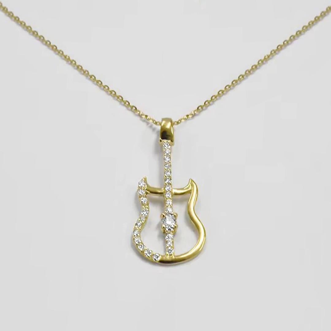 Round Cut 14k Gold Diamond Guitar Charm Necklace Guitarist Jewelry Music Lover Gift For Sale