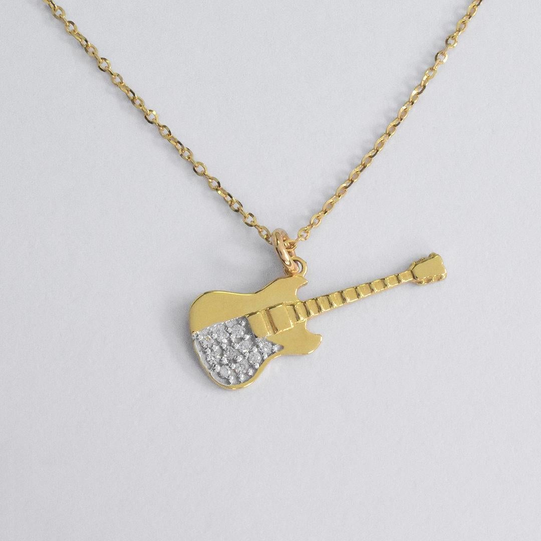 14k Solid Gold Diamant Gitarre Charme Anhnger Halskette Diamant Gitarre Halskette (Moderne) im Angebot