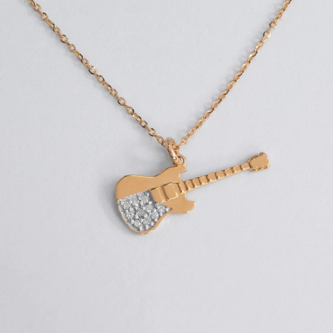 14k Solid Gold Diamant Gitarre Charme Anhnger Halskette Diamant Gitarre Halskette (Rundschliff) im Angebot