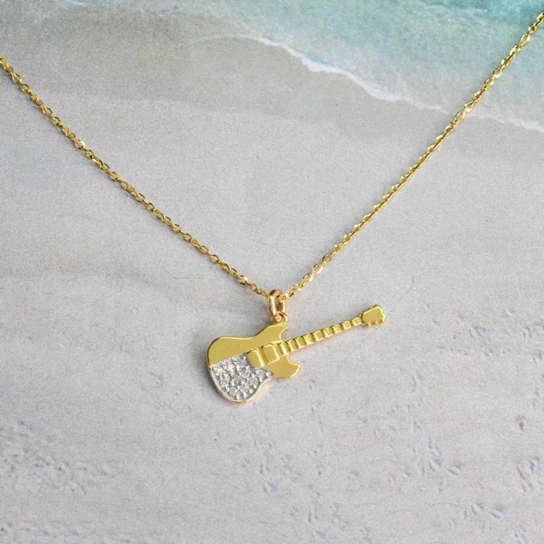 14k Solid Gold Diamant Gitarre Charme Anhnger Halskette Diamant Gitarre Halskette für Damen oder Herren im Angebot
