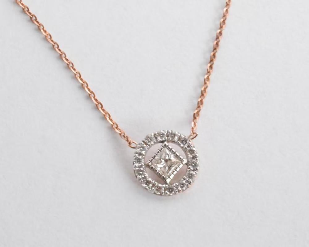 Round Cut 14k Gold Diamond Halo Necklace Princess Cut Necklace Diamond Pendant For Sale