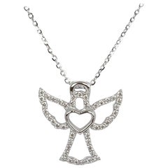14k Gold Diamond Heart Angel Charm Pendent Necklace