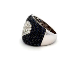 14K Gold Diamond Heart Ring with Blue Sapphire Pavé Band Statement Cocktail Ring