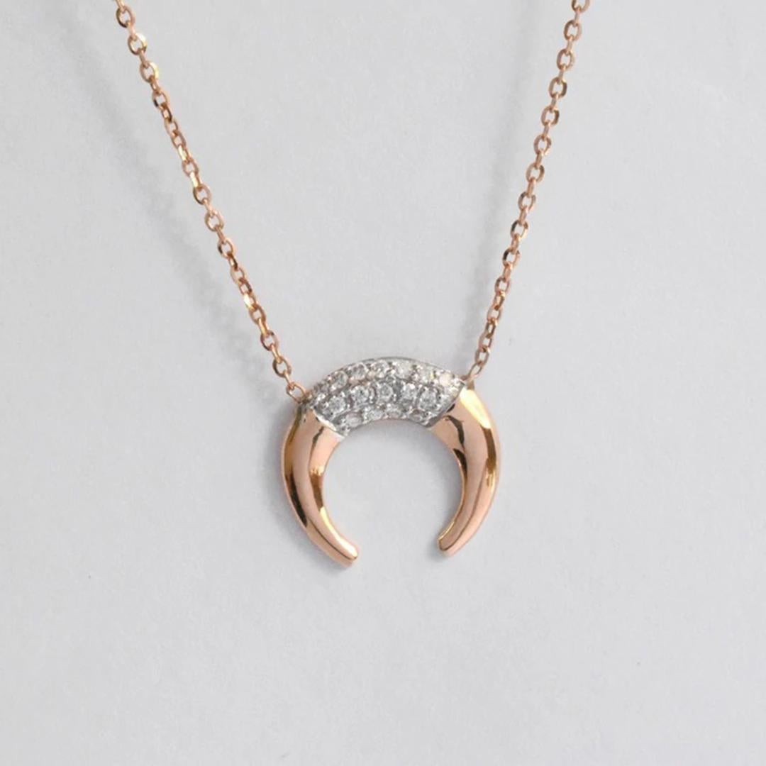 Modern 14k Gold Diamond Horn Necklace Dainty Crescent Moon Diamond Necklace For Sale