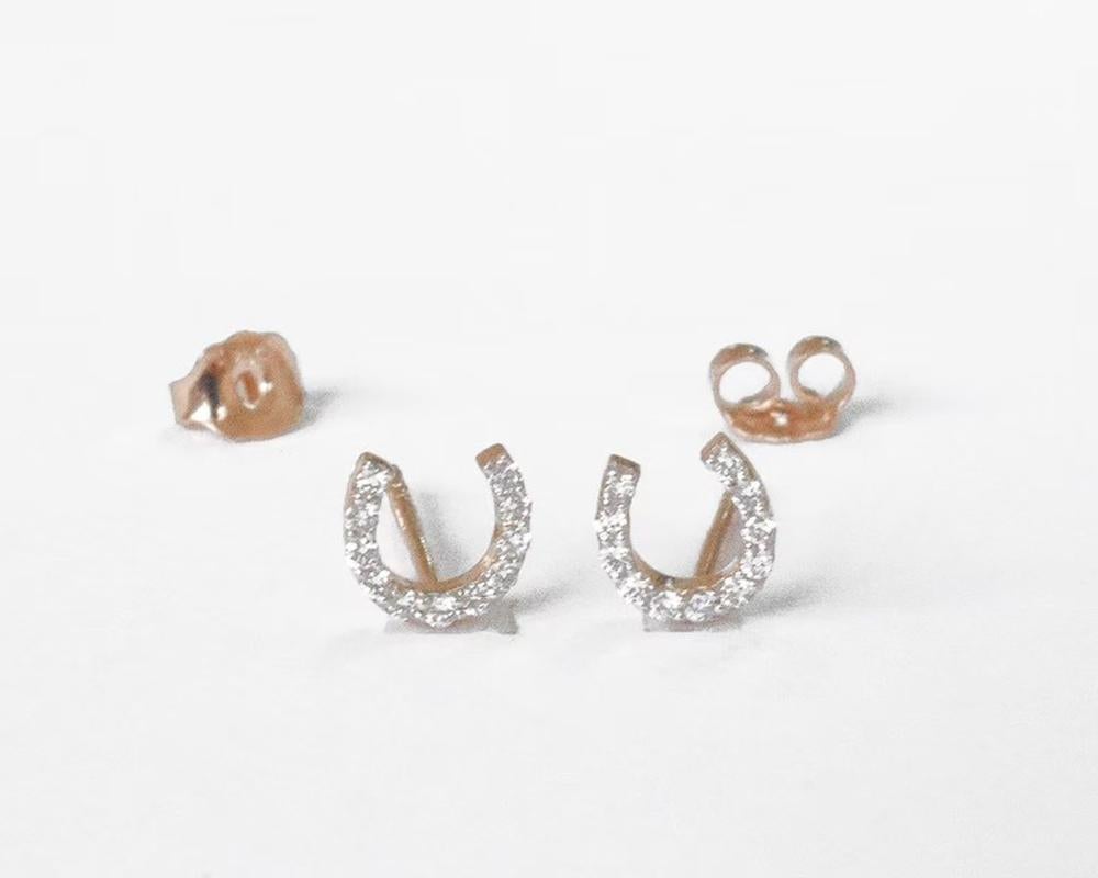 Round Cut 14k Gold Diamond Horseshoe Studs Earrings Horseshoe Minimal Everyday Earrings For Sale