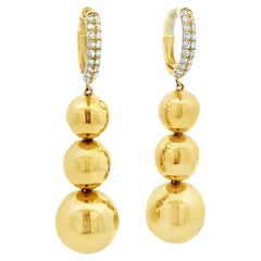 14K Gold Diamond Huggie Earrings with Graduated Bead Drops, Signed TD