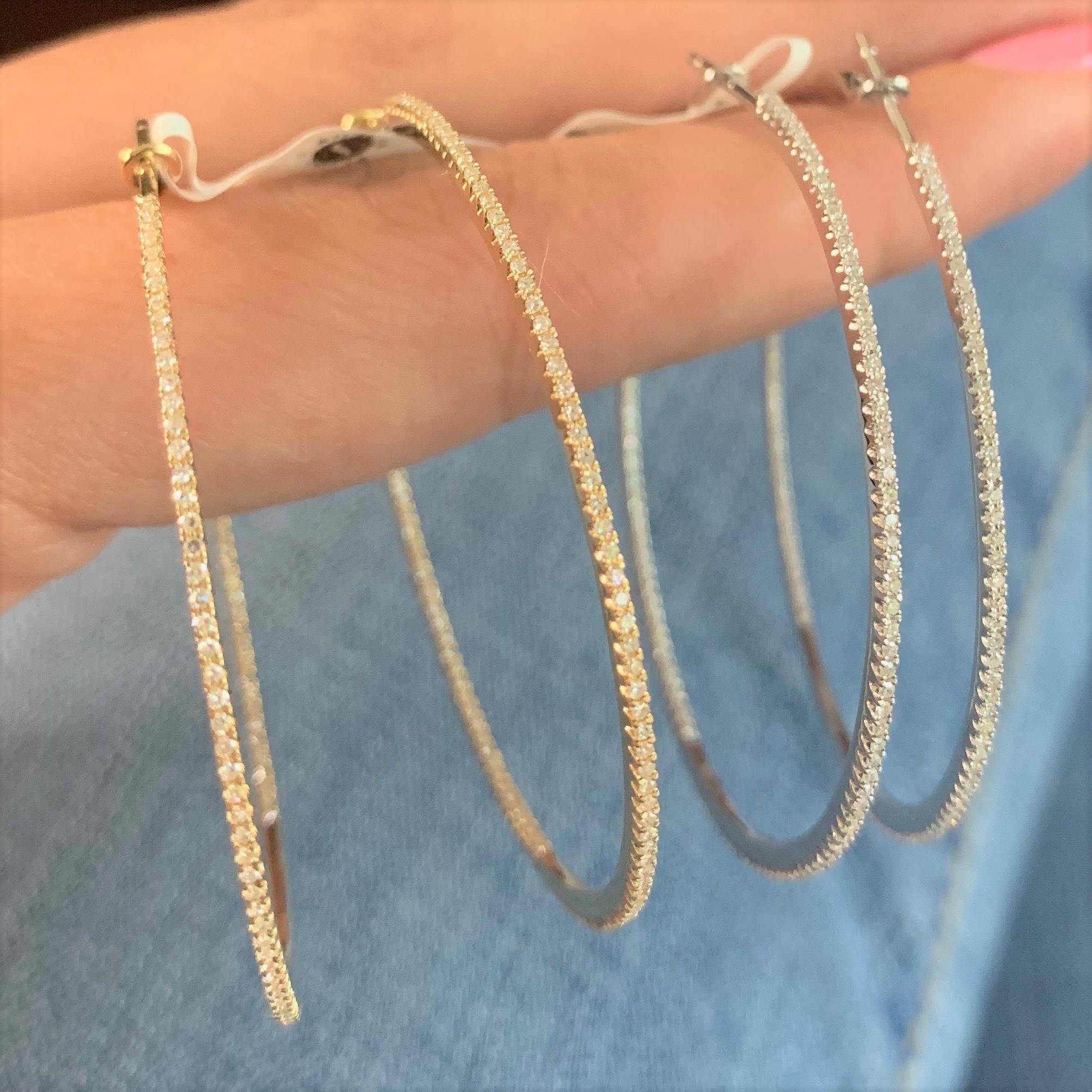 14K Gold Diamond Inside Out Hoop Skinny Earrings 2