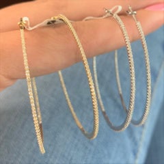 14K Gold Diamond Inside Out Hoop Skinny Earrings 2" inches