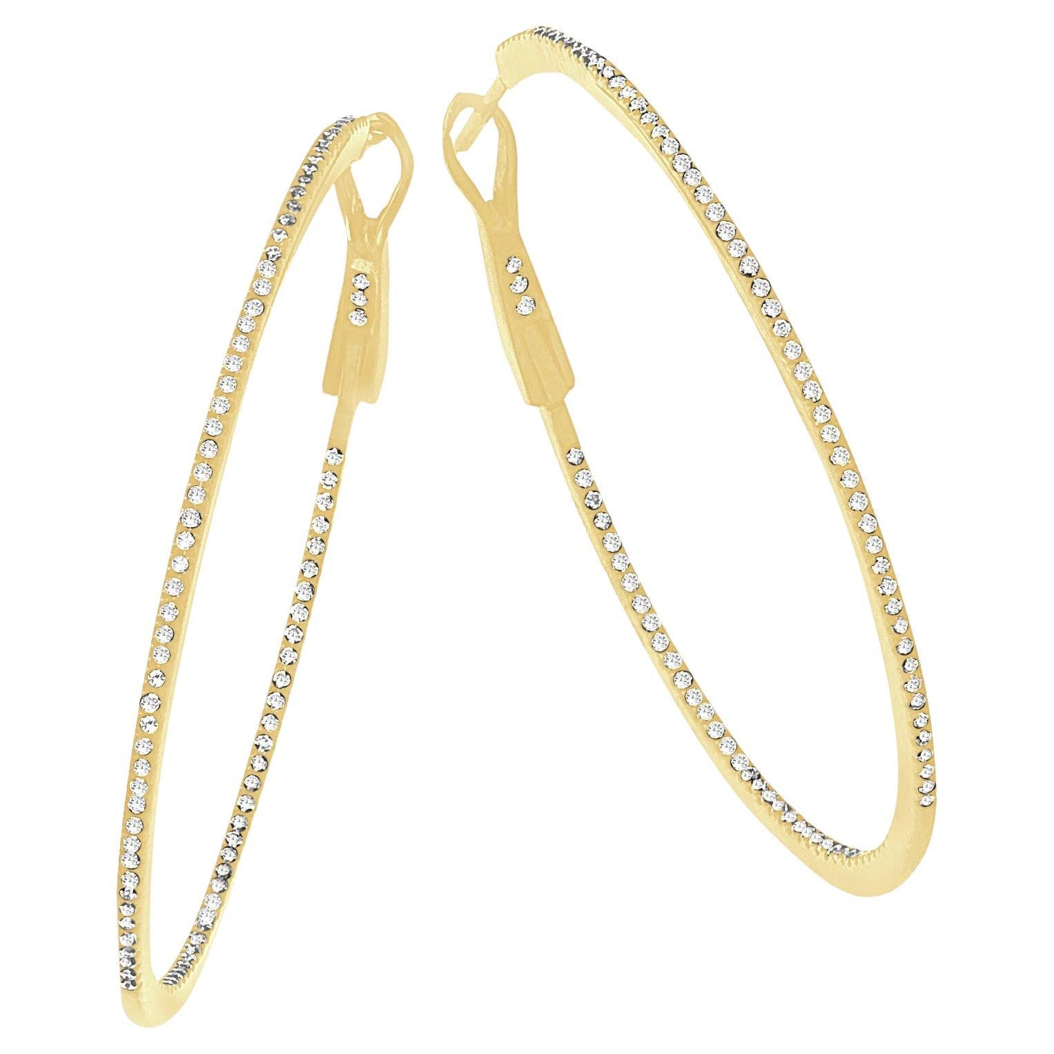 14K Gold Diamond Inside Out Hoop Skinny Earrings 2" inches