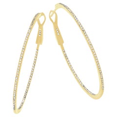 14K Gold Diamond Inside Out Hoop Skinny Earrings 2" inches