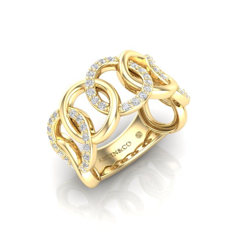 Crafted in 14K gold This modern statement ring features interlocking circles embellished with sparkling round diamonds, set in every other circle for an interesting texture and look. This ring makes a unique wedding band and is a great ring to stack