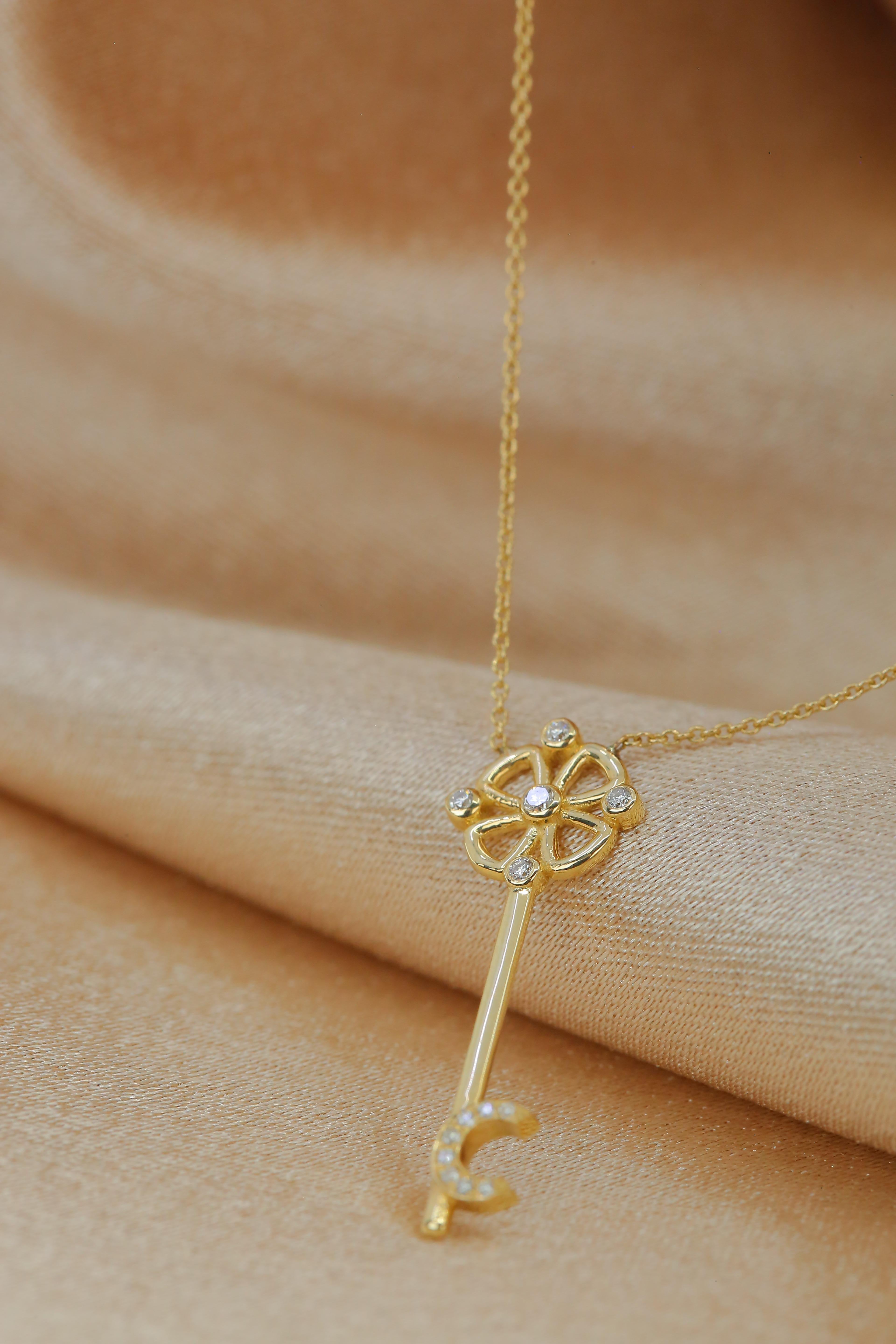 Art Deco 14K Gold Diamond Key Charm Necklace For Sale
