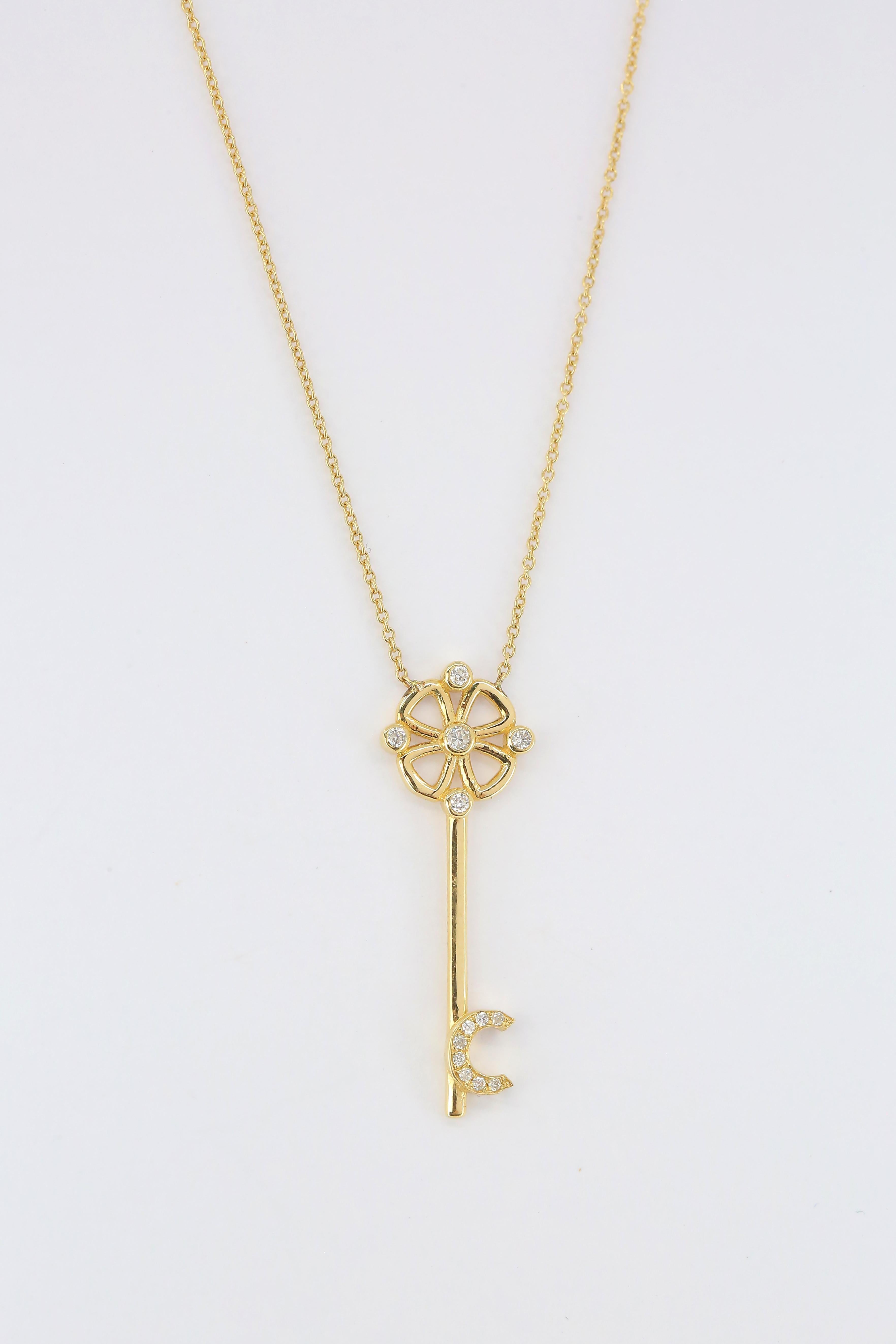 Women's 14K Gold Diamond Key Charm Necklace For Sale