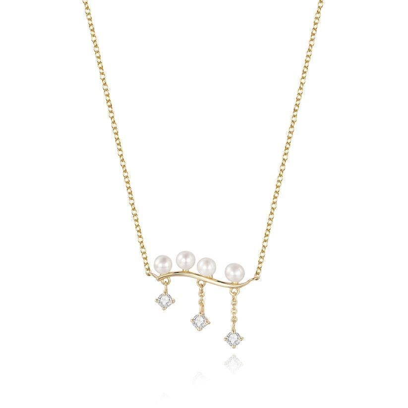 Modern Curved Bar Pearl Round Diamond 14K Yellow Gold Necklace For Sale