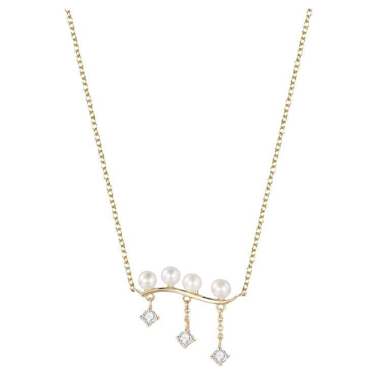 Curved Bar Pearl Round Diamond 14K Yellow Gold Necklace