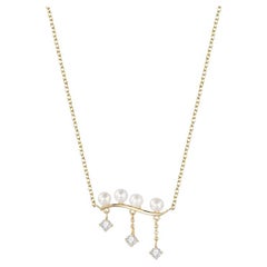 Collana in oro giallo 14K con perle e diamanti a barre curve