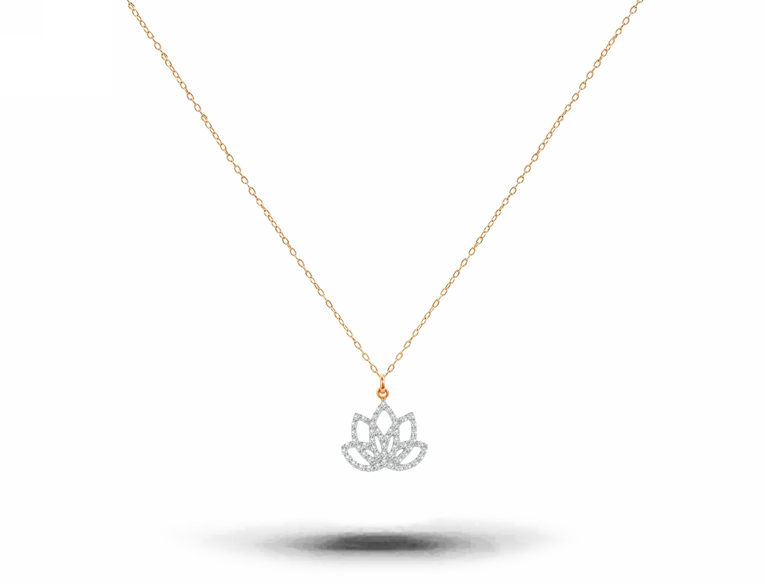 Diamond Lotus Necklace is made of 14k solid gold available in three colors of gold, White Gold / Rose Gold / Yellow Gold.

Natural genuine round cut diamond each diamond is hand selected by me to ensure quality and set by a master setter in our