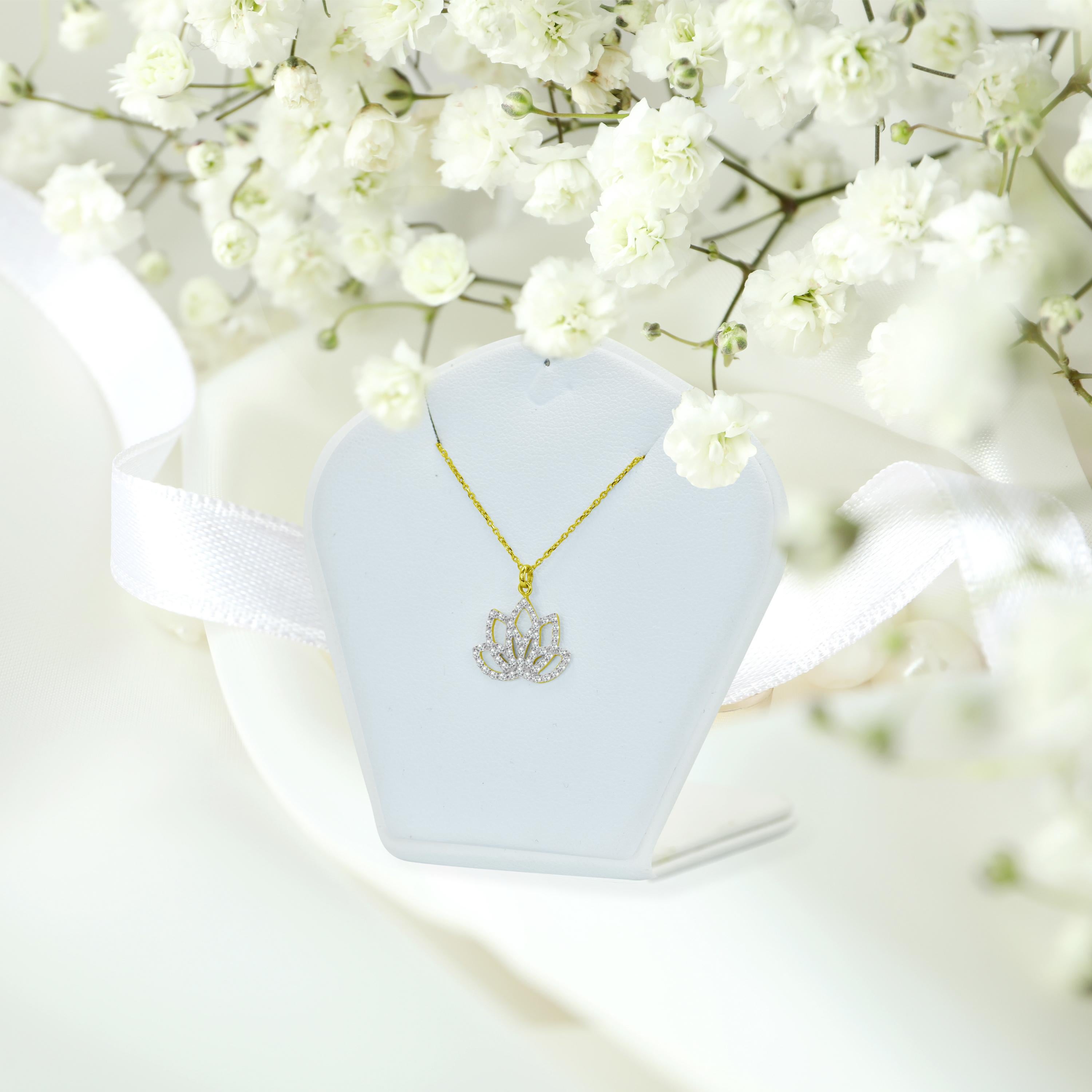 Round Cut 14k Gold Diamond Lotus Necklace Meditation Necklace Floral Necklace For Sale