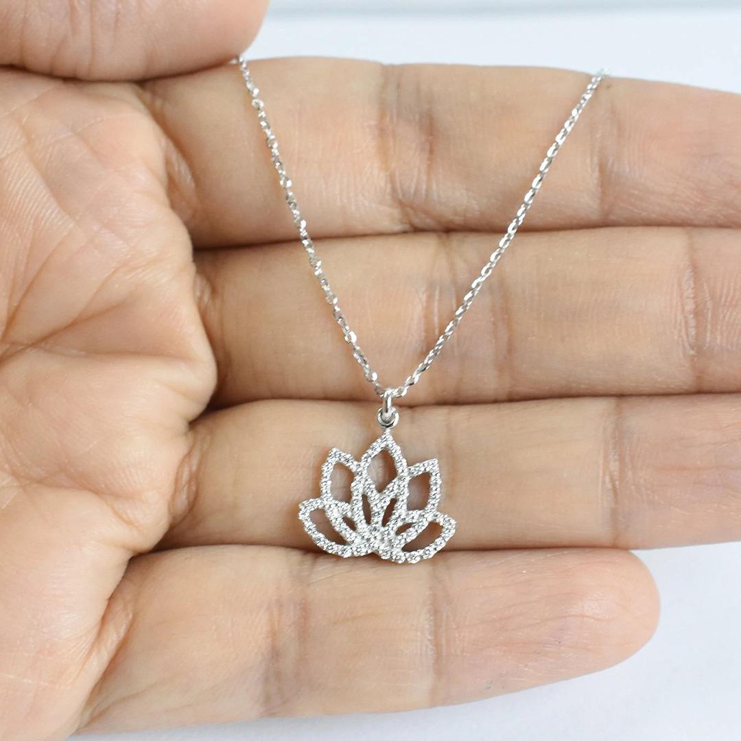 Round Cut 14k Gold Diamond Lotus Necklace Meditation Necklace Floral Necklace For Sale
