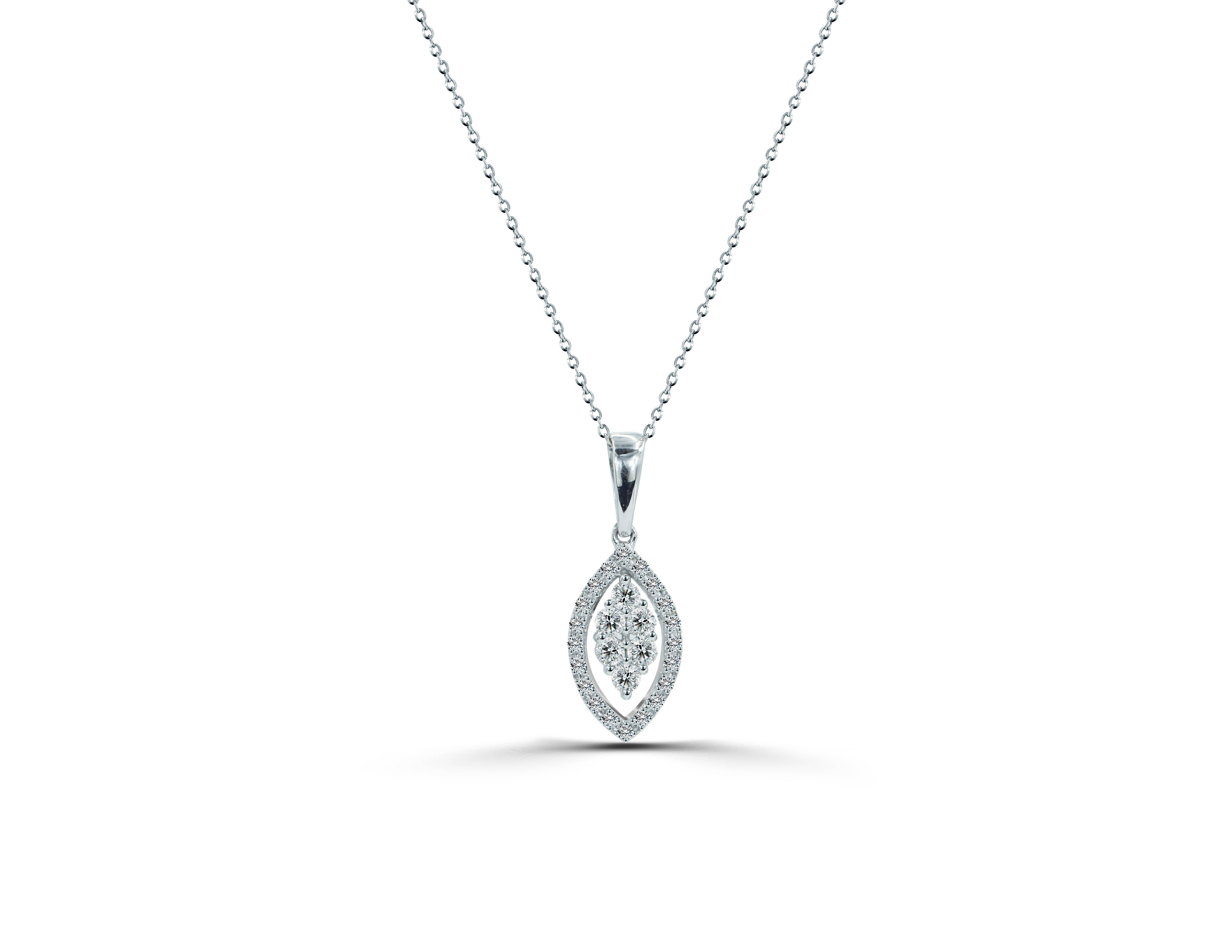 14K Gold Diamant-Marquise-Halo-Diamant-Halskette mit Marquise-Diamant-Anhänger (Rundschliff) im Angebot