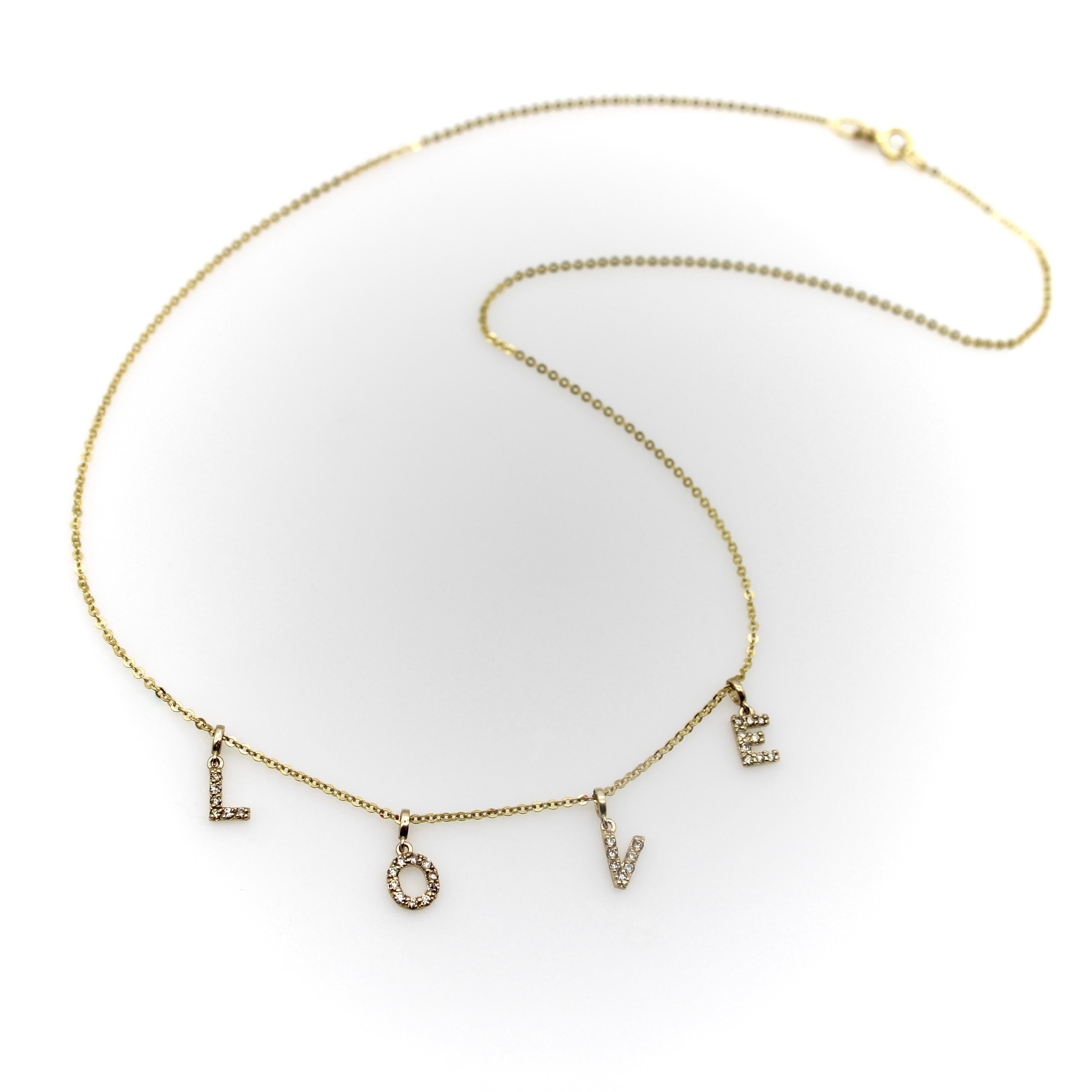 Single Cut 14k Gold Diamond Micro Pave LOVE Necklace For Sale