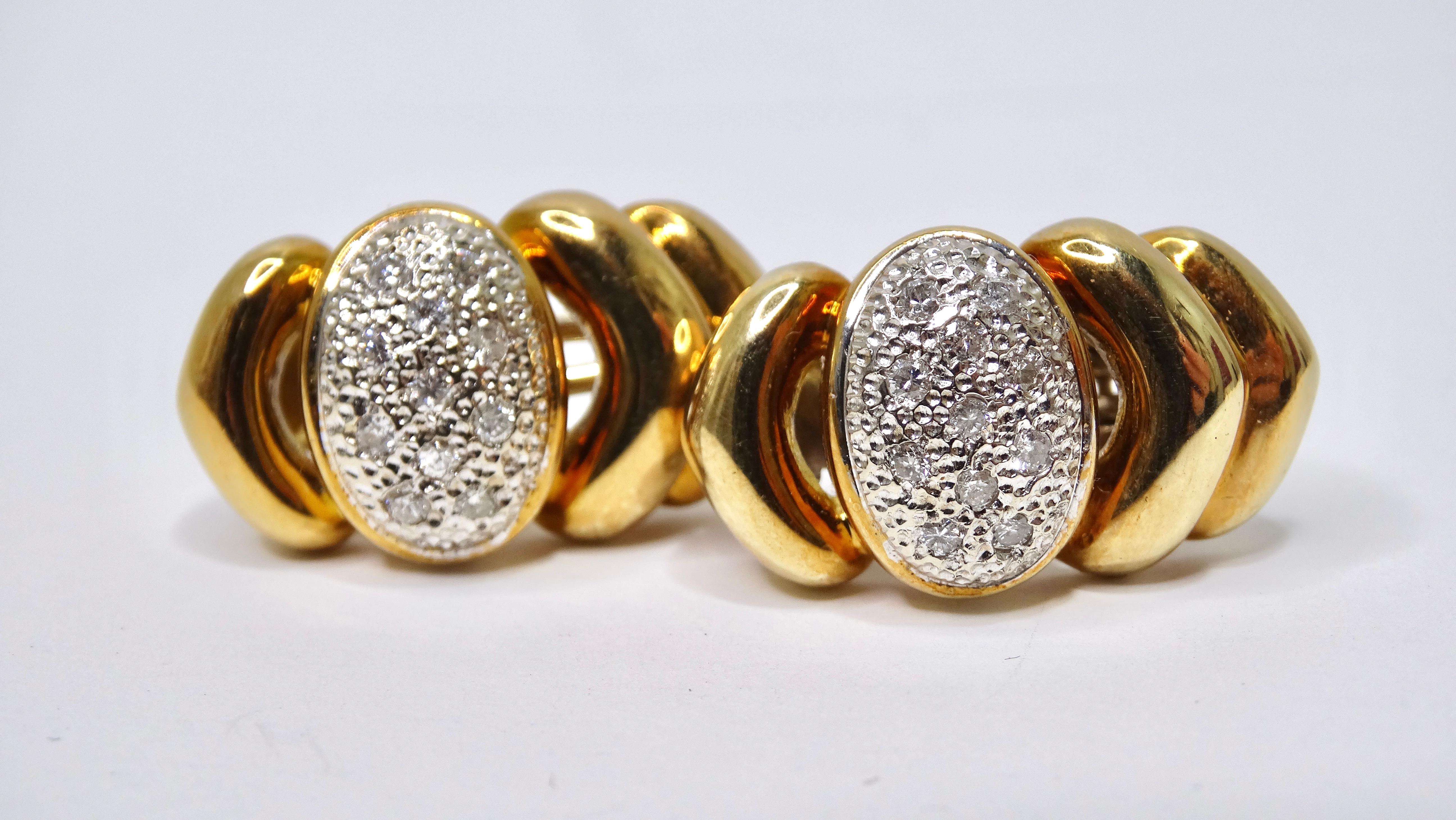 Mixed-metals are effortless and beautiful! These earrings are very unique with a highly designed silhouette. It features chunky gold segments with a silver oval center with encrusted diamonds. This would look perfect with a Versace blouse, Gucci