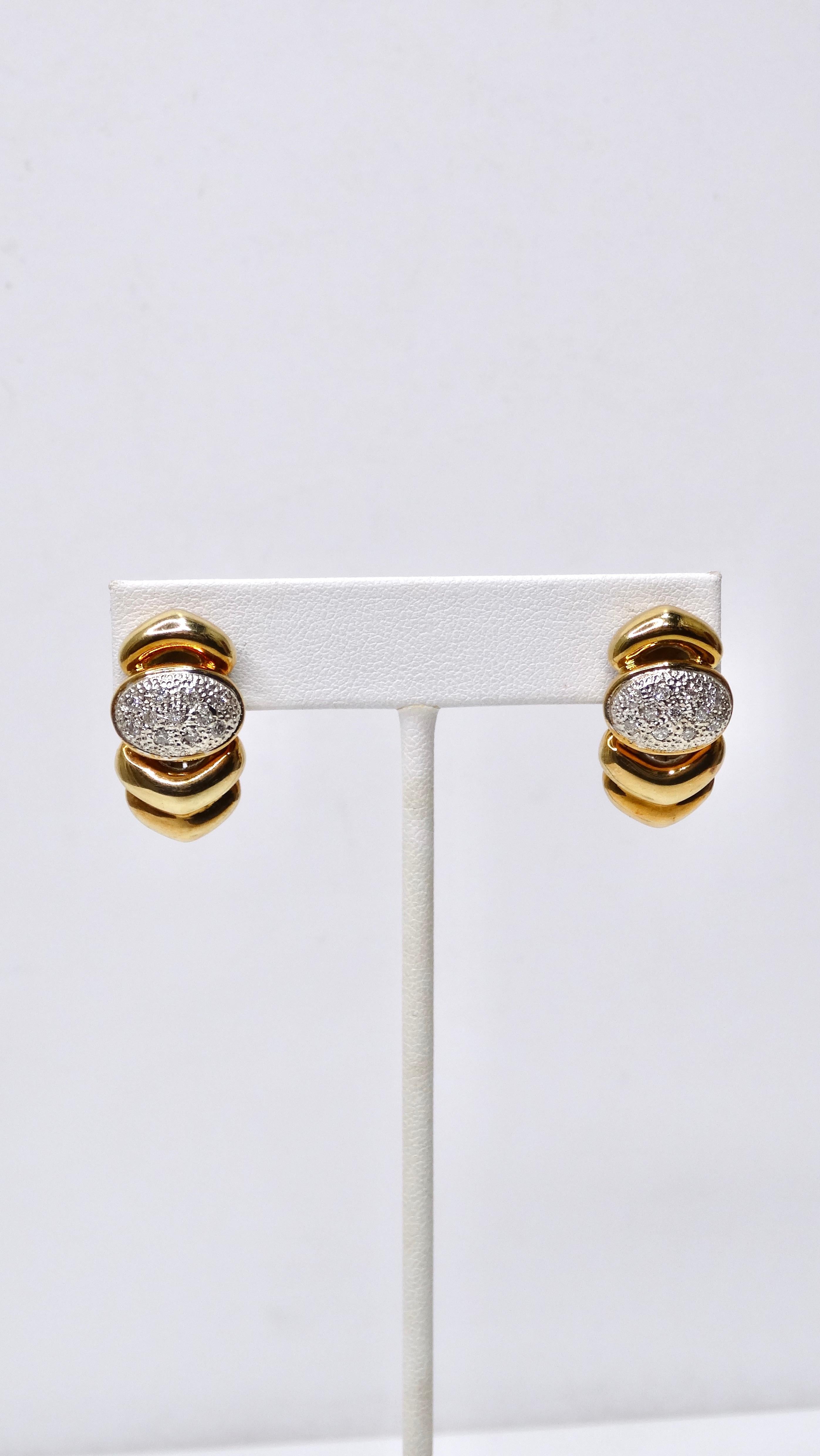 Round Cut 14k Gold & Diamond Mixed-Metal Earrings For Sale