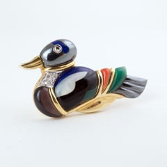 14K Gold, diamond, mother of pearl, onyx, lapis, agate, coral, hematite duck pin