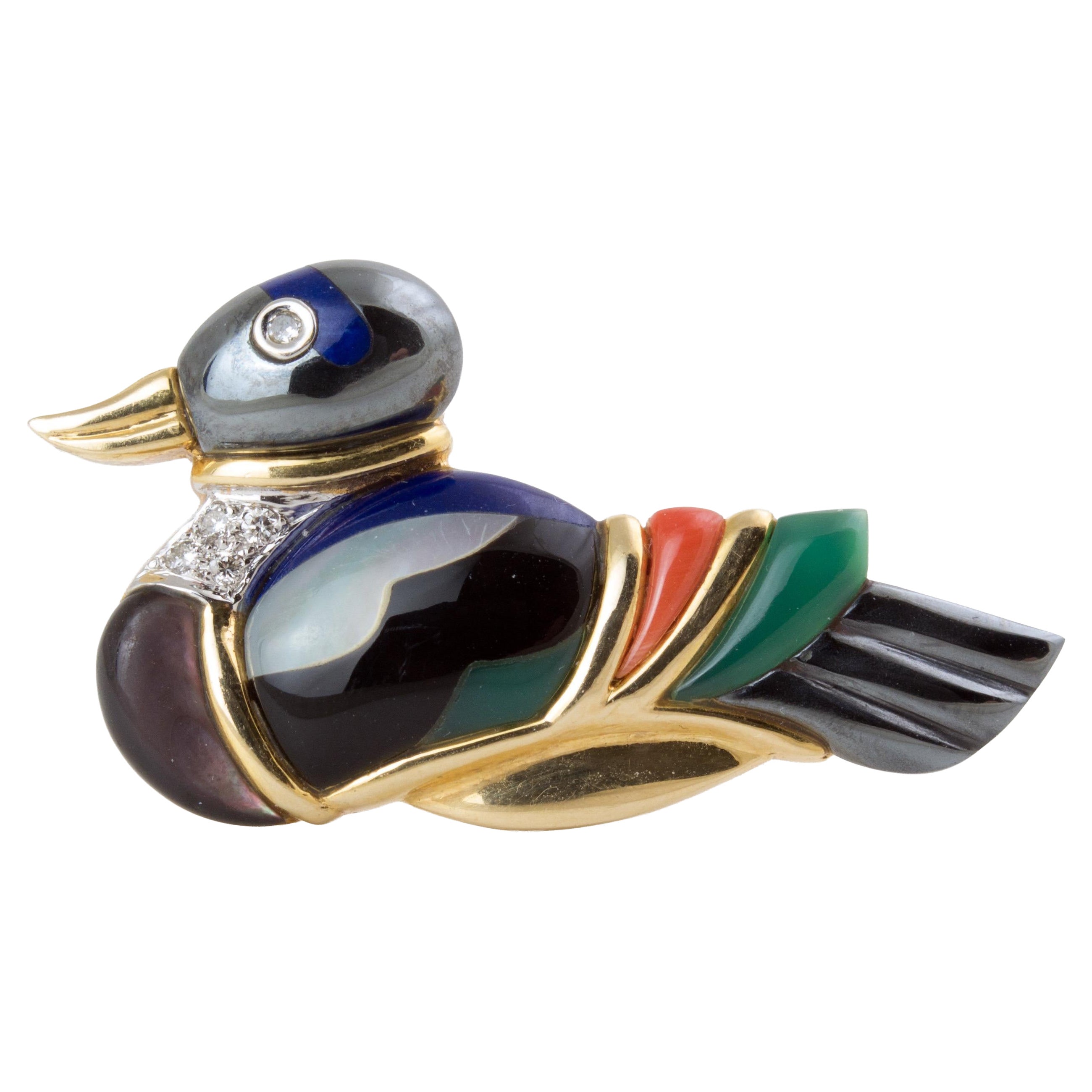 14K Gold, diamond, mother of pearl, onyx, lapis, agate, coral, hematite duck pin