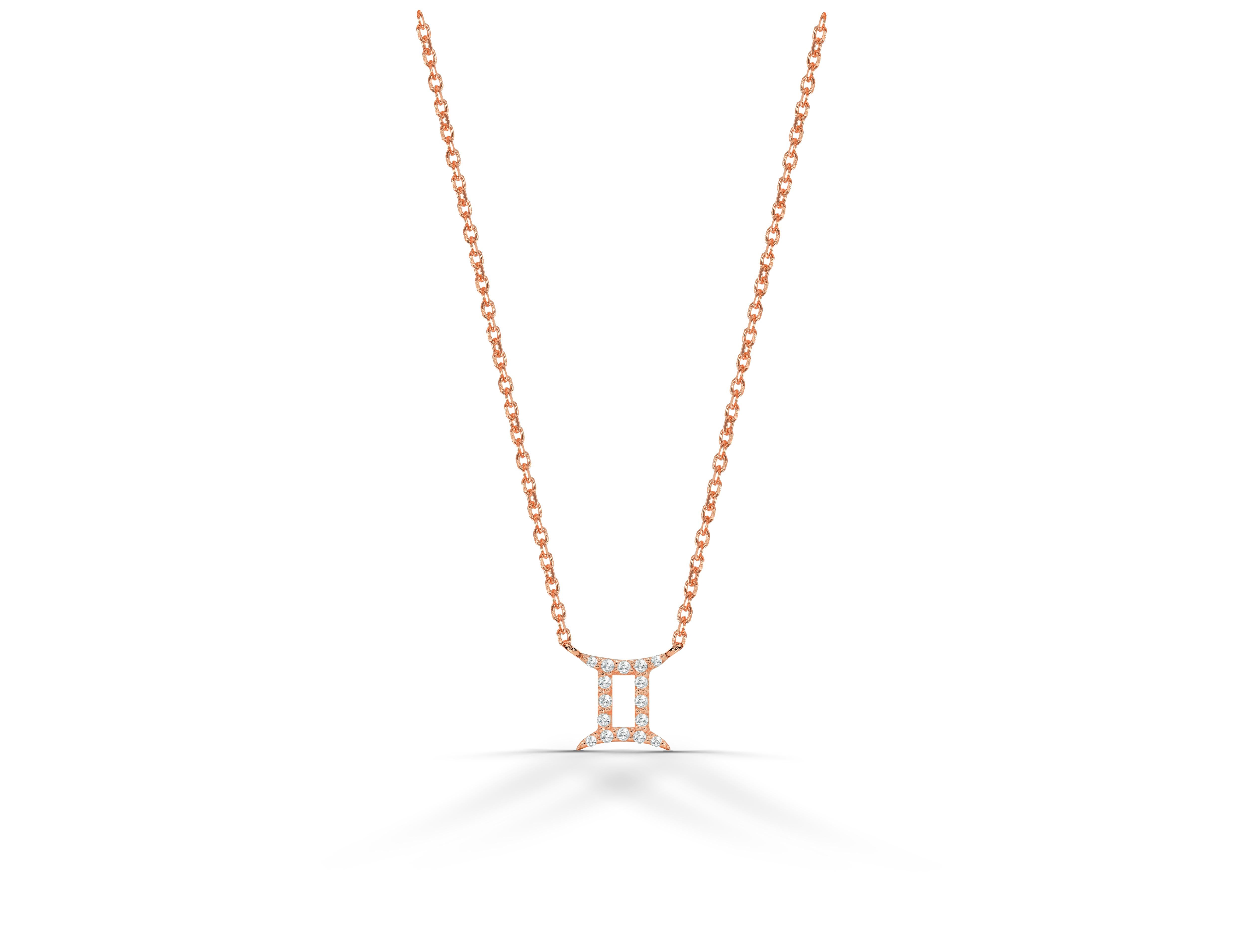 14k Gold Diamond Necklace Gemini Zodiac Sign Birth Sign Necklace For Sale
