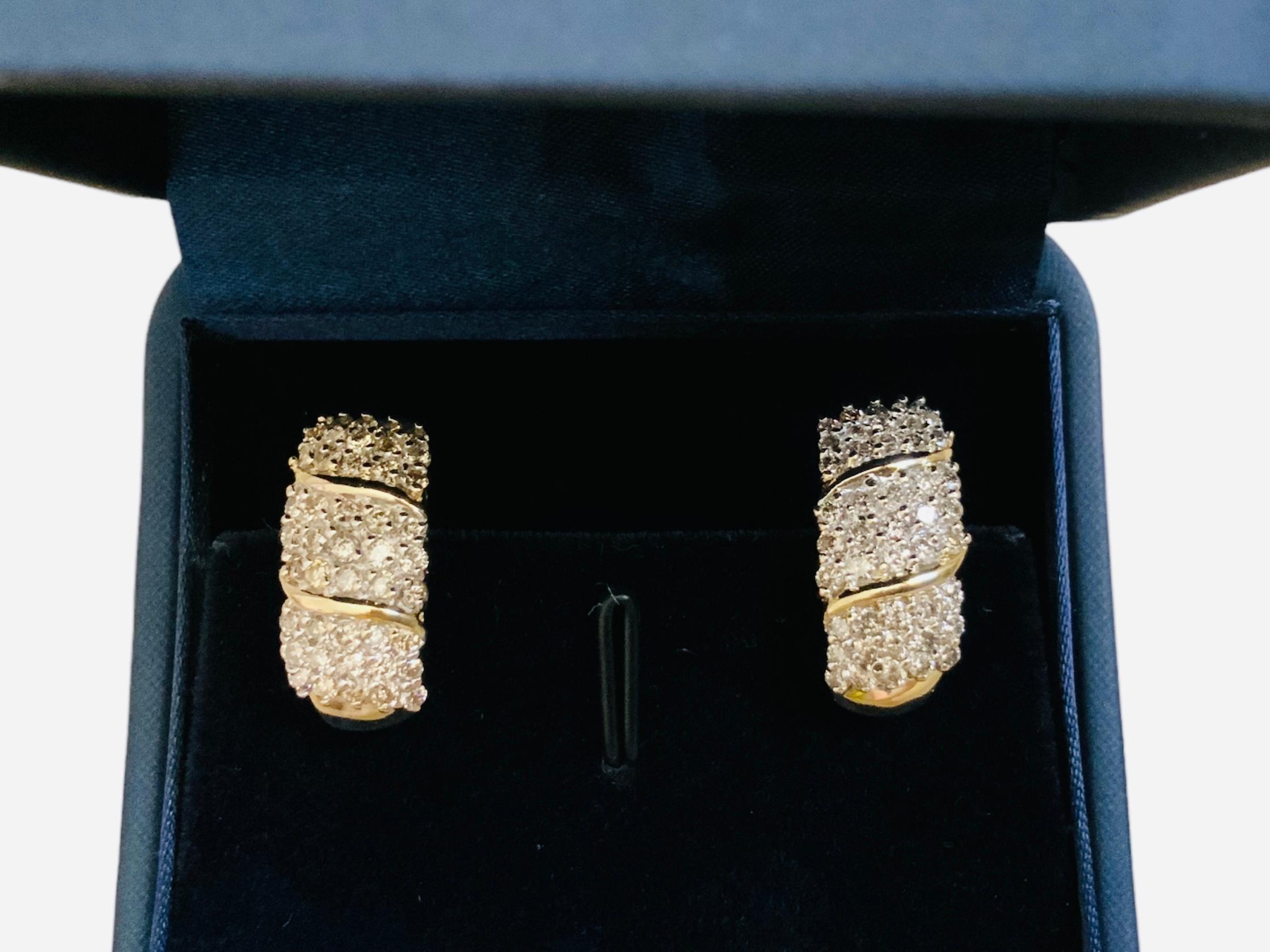 14K Gold Diamond Pair Of Huggie/ Hoop Earrings  For Sale 3