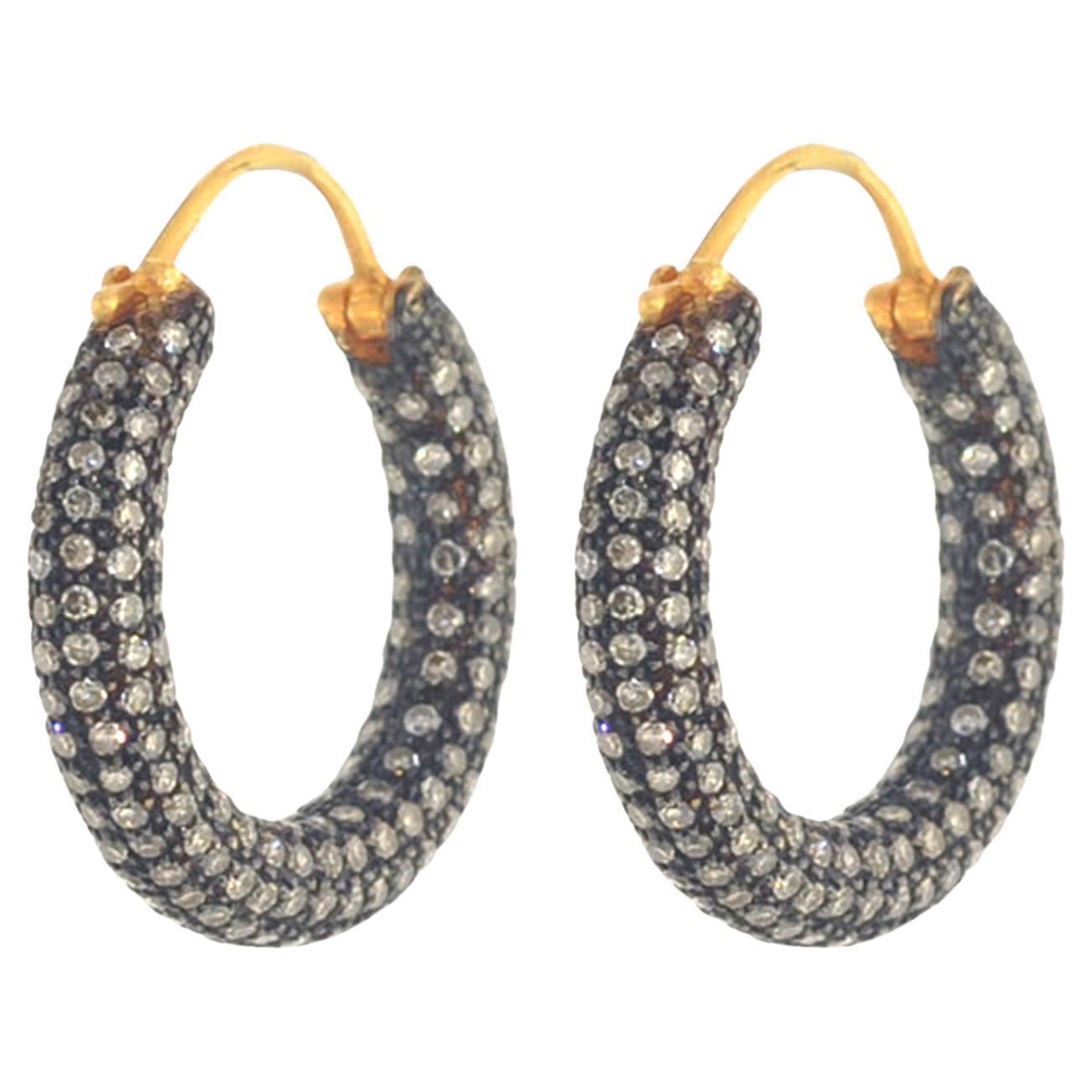 14K Gold Diamond Pavé Hoop Earrings For Sale