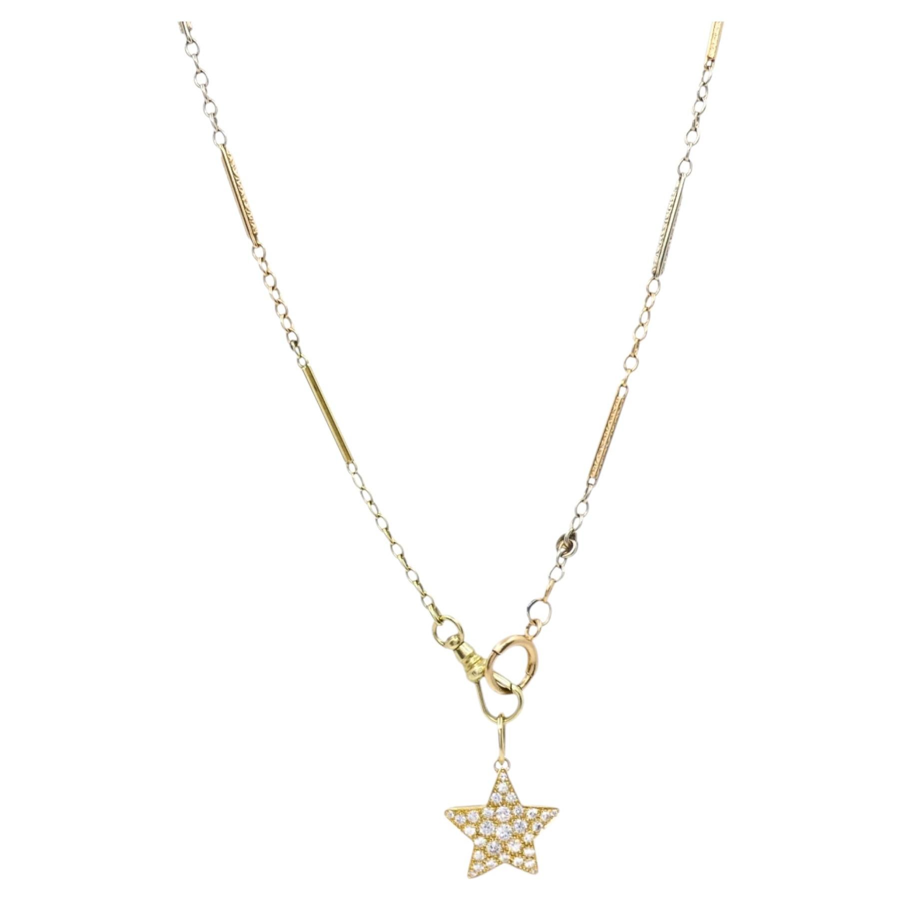 14k Gold Diamond Pavé Star Pendant on Antique Bar‑Link Chain