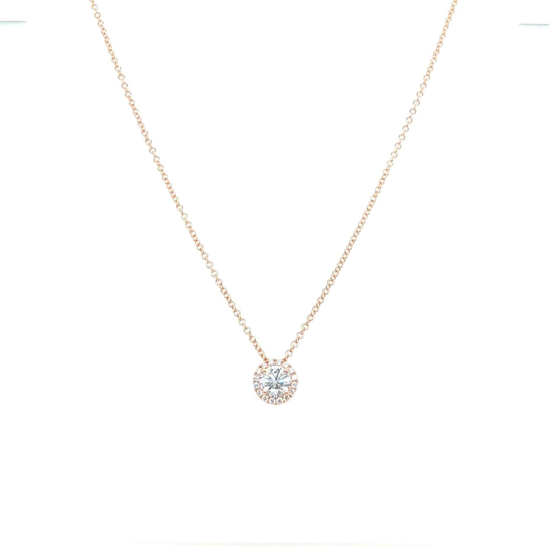 Round Cut Round Diamond Halo 14K Gold Pendant Necklace For Sale