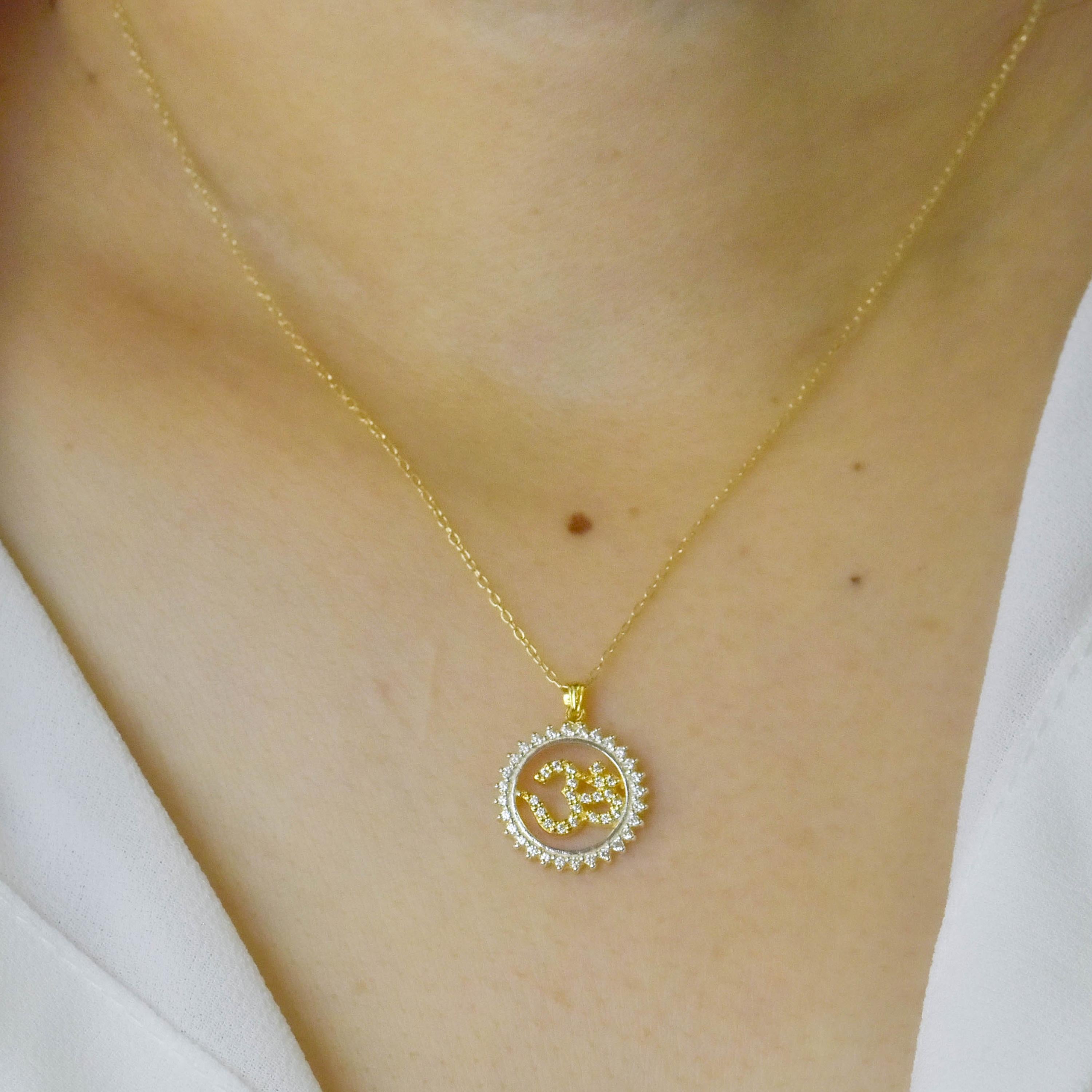 Modern 0.29 Carat diamond 14K Gold Om Lotus Hindu Pendant Necklace  For Sale