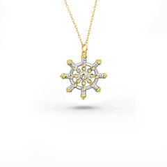 0.05 Carat Diamond 14K Gold Dharma Chakra Buddhism Religious Necklace