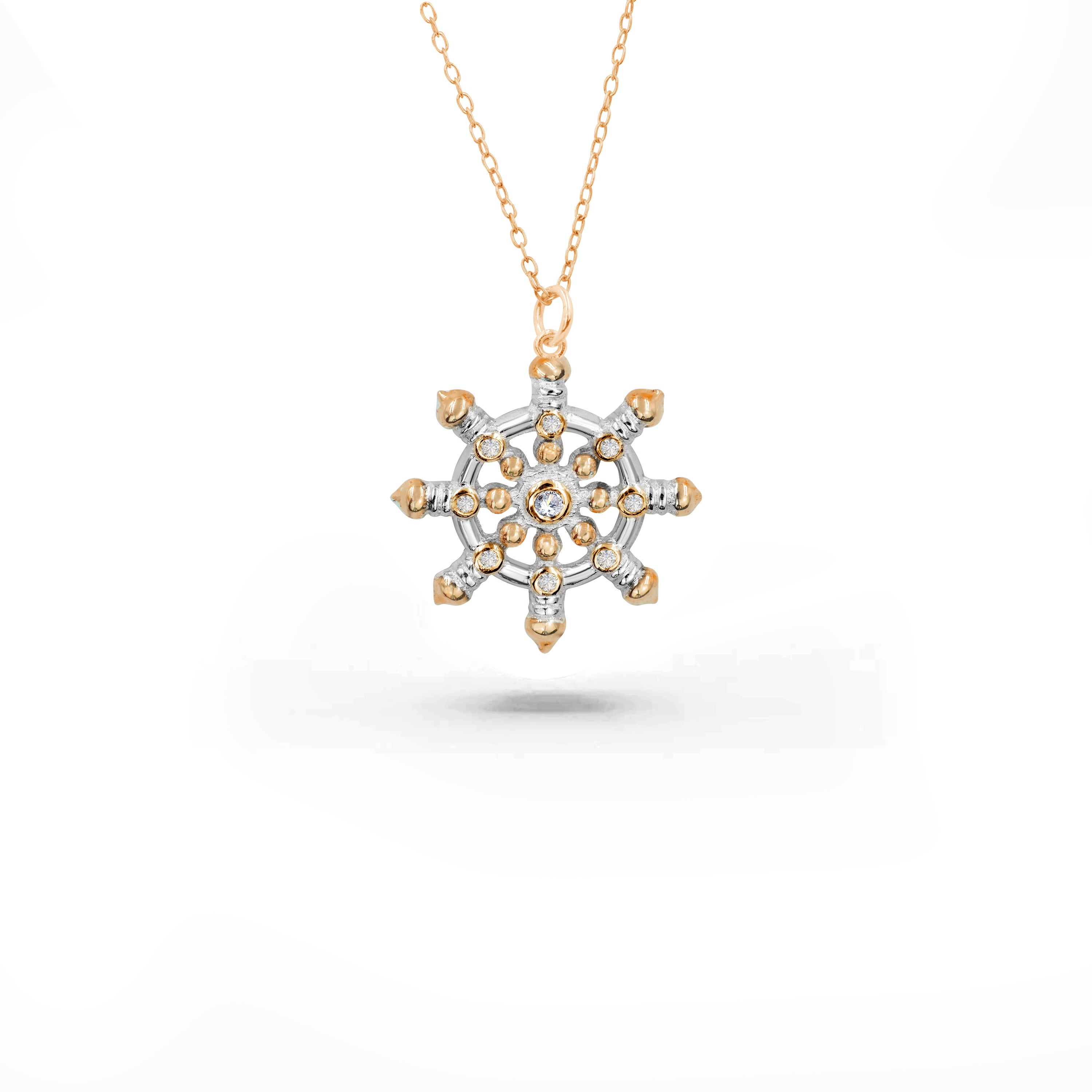 0,05 Karat Diamant 14K Gold Dharma Chakra Buddhismus Religiöse Halskette 