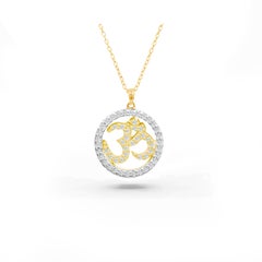 0.34 Carat Diamond 14K Gold Halo Om Religious Pendant Necklace
