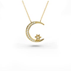 0.11 Carat Diamonds 14K Gold Crescent Moon Islamic Pendant Necklace