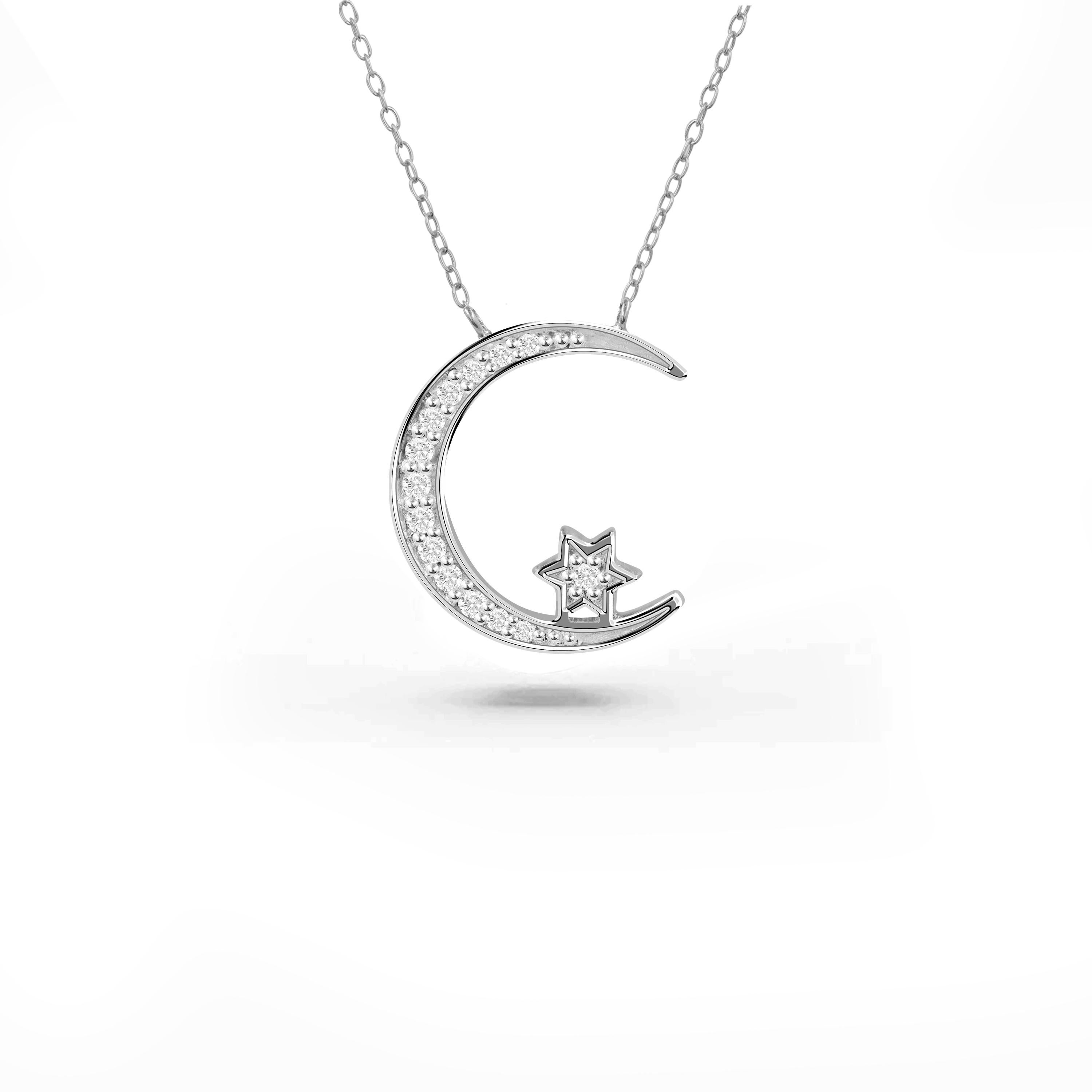 Moderne Collier pendentif islamique en or 14K avec croissant de lune et diamants 0,11 carat  en vente