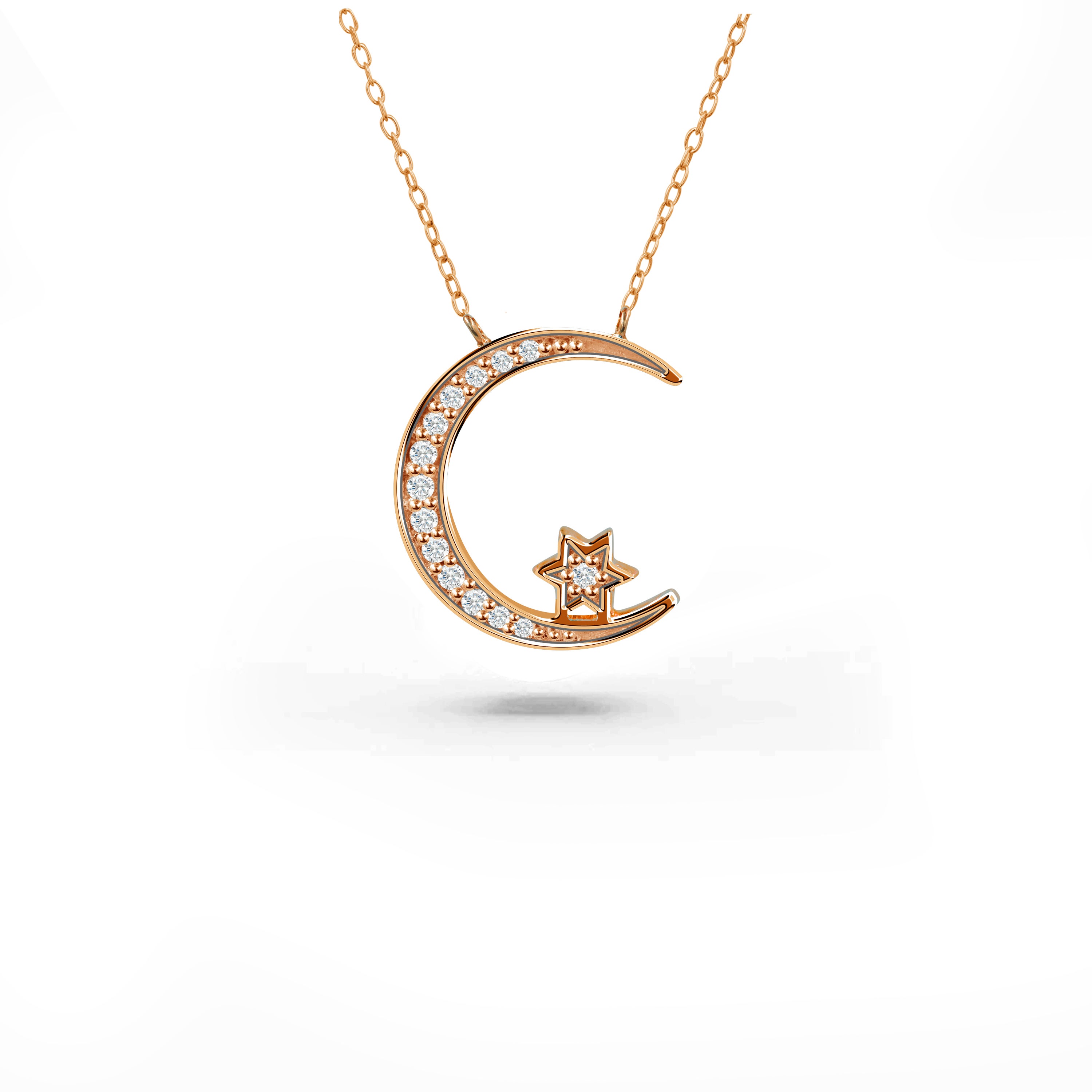0.11 Carat Diamonds 14K Gold Crescent Moon Islamic Pendant Necklace 