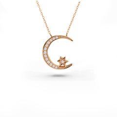 0.11 Carat Diamonds 14K Gold Crescent Moon Islamic Pendant Necklace 