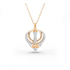 0.12 Carat Diamond 14K Gold Khanda Religious Sikhism Necklace