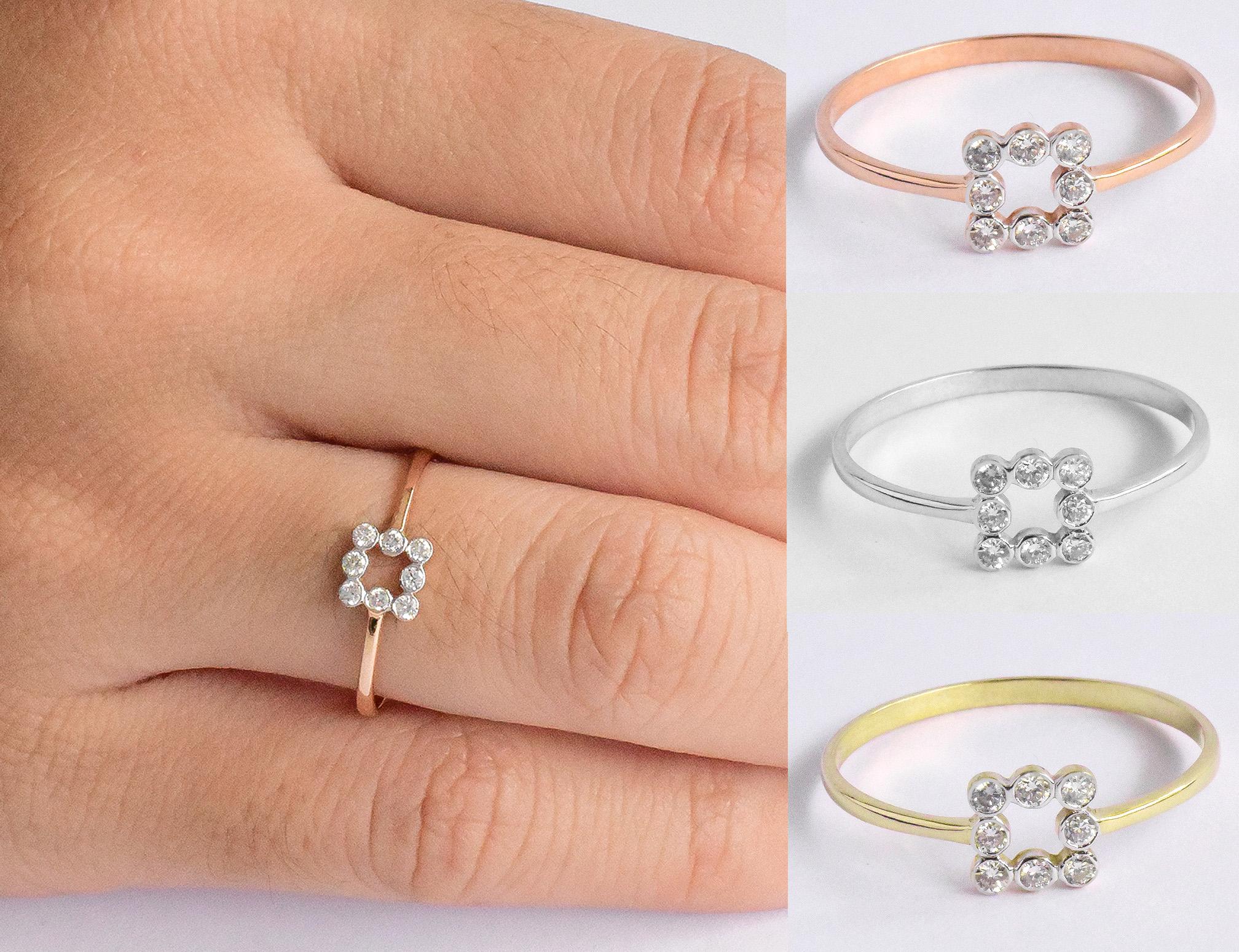 For Sale:  14k Gold Diamond Ring Bezel Set Diamond Band Ring Square Ring 7