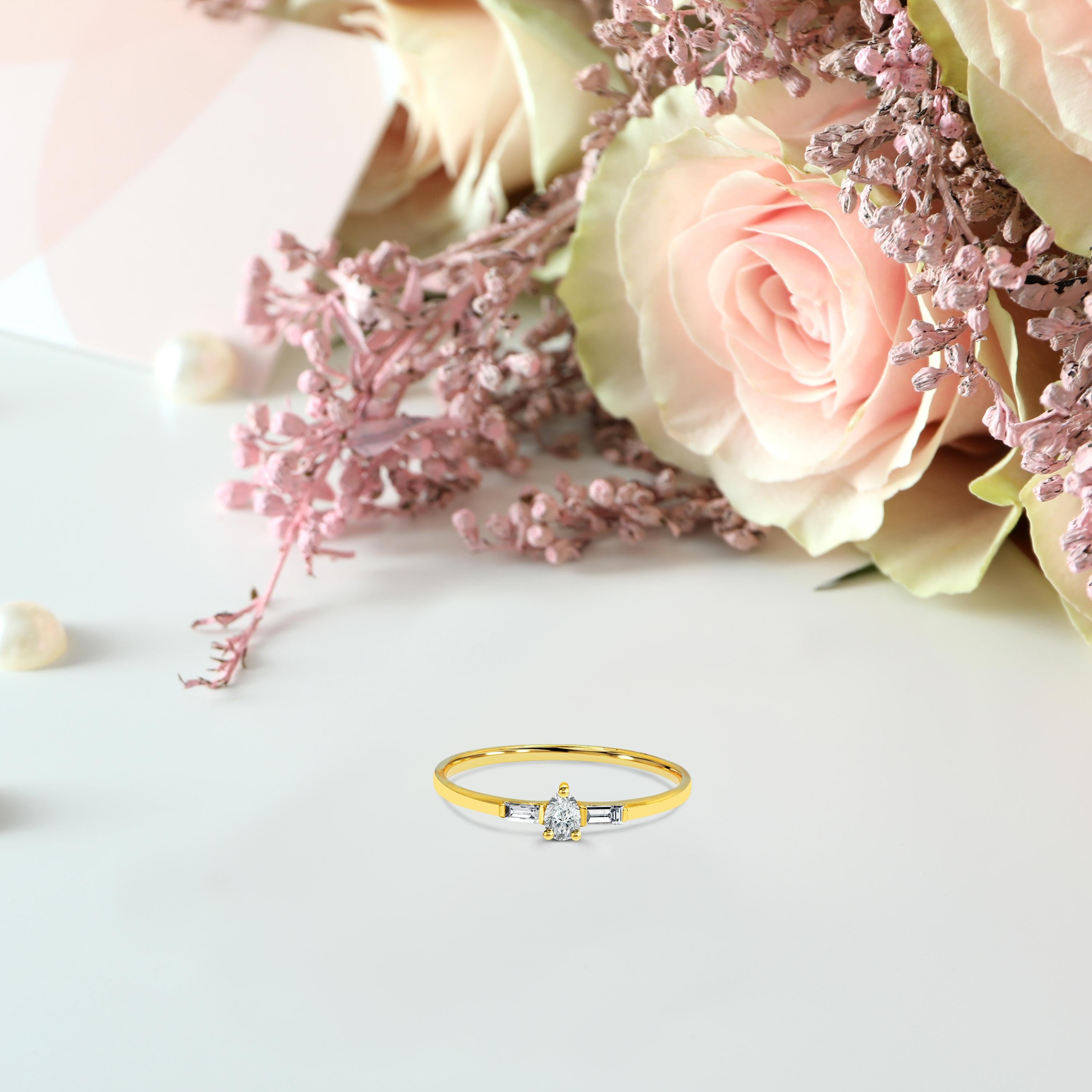 For Sale:  14k Gold Diamond Ring Pear Cut Diamond Ring Baguette Diamond Ring 6