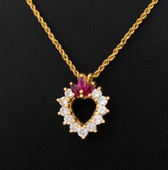 14K Gold Diamond Ruby Heart Pendant Necklace